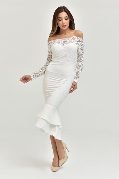 Beyaz Güpür ve Volanlı Elbise