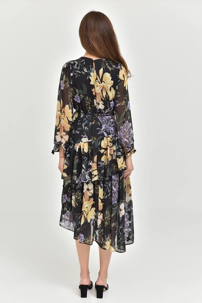 Black Floral Patterned Midi Length Dress