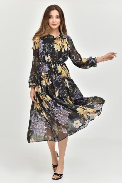 Black Floral Patterned Midi Length Dress
