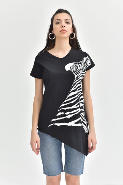Black Zebra Printed T-Shirts Asymmetrical Cut