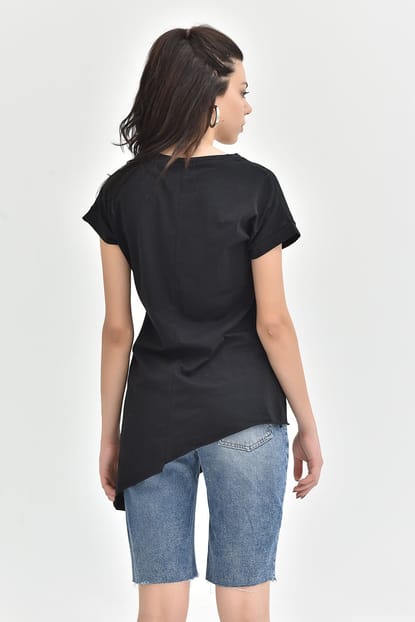 Black Zebra Printed T-Shirts Asymmetrical Cut