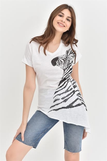 White Zebra Printed T-Shirts Asymmetrical Cut