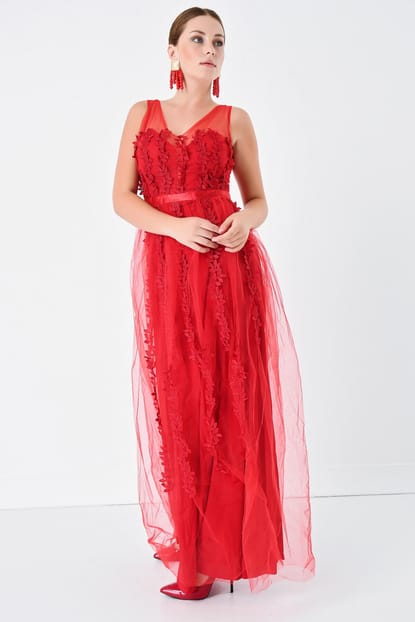 Detailed long-FM Red Guipure Tulle Evening Dress