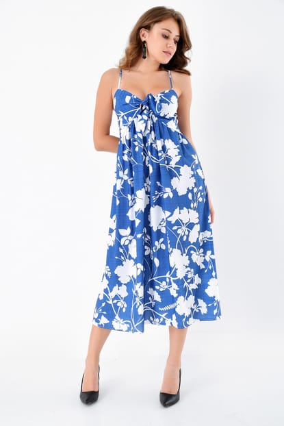 Mavi Çiçek Desenli İp Askılı Elbise