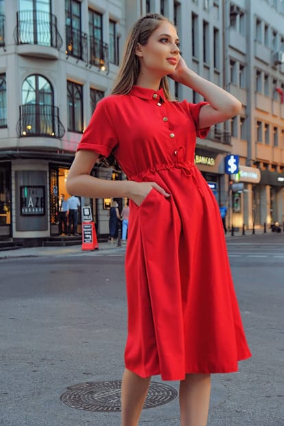 Drawstring Waist Dress from red