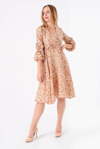 Brown Flower Pattern Short Sleeve Chiffon Dress with ruffles