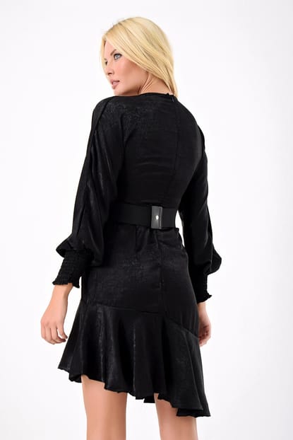 Black Leather Belt Satin Dress