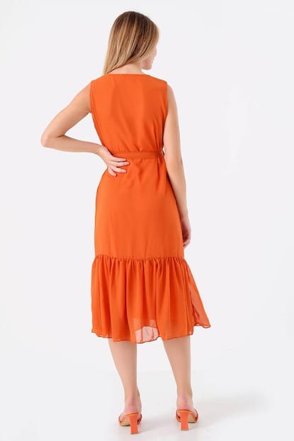 Orange Collar double-breasted skirt ruffles Chiffon Dress