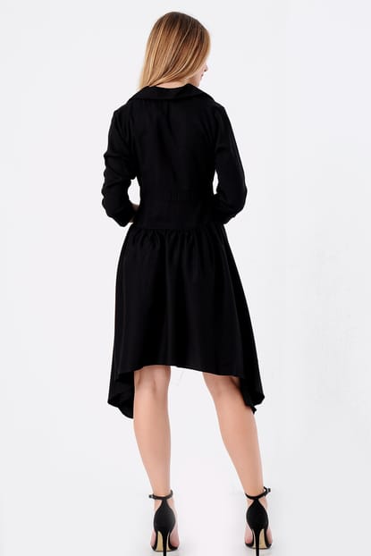 Black Asymmetric Cut Button Detail Dress
