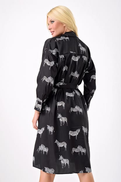 Black Zebra Pattern Belted Dress