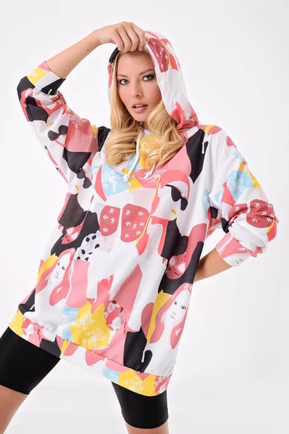 White Graphic Pattern Hooded Sweater