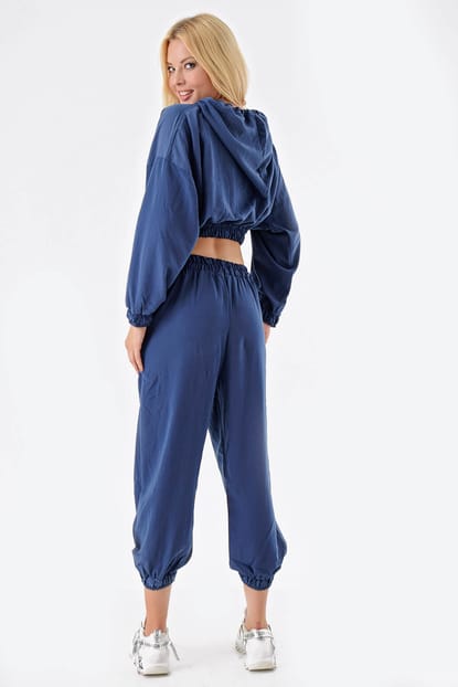 Blue Hooded Crop Double Team