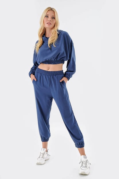 Blue Hooded Crop Double Team