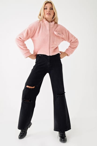 Pink Plush Zippered Pocket Detail Jacket