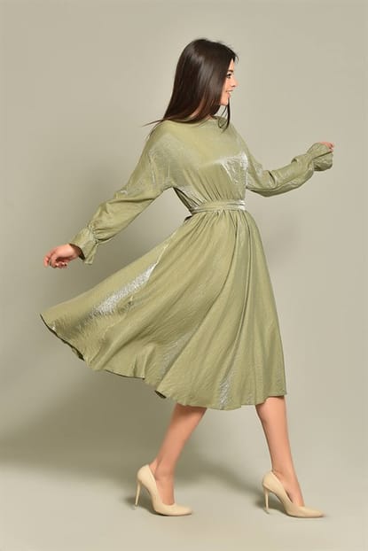 Khaki Satin Dress Length Midi