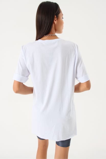 White Side Slit Print T-Shirts