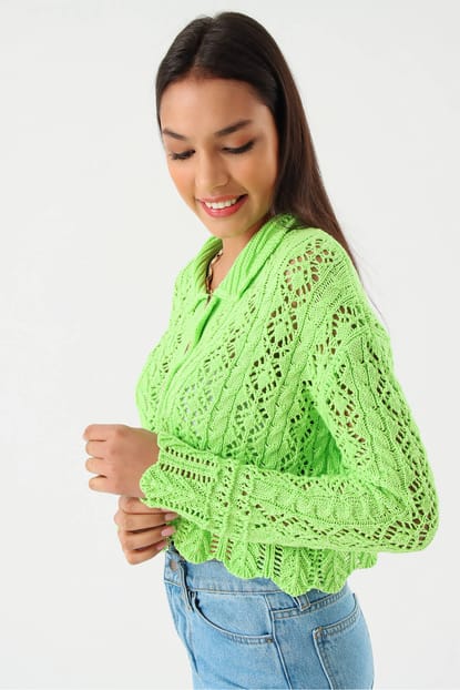 Perforated Green Button Cardigan Sweater