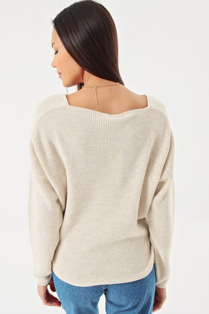 Beige V Neck Knitted Sweater