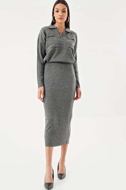 Gray Sweater Blouse Skirt Set