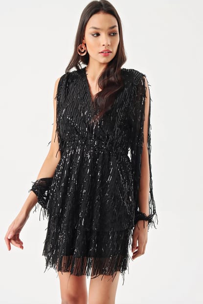 Handles Black Sequin Evening Dress Slit Pula
