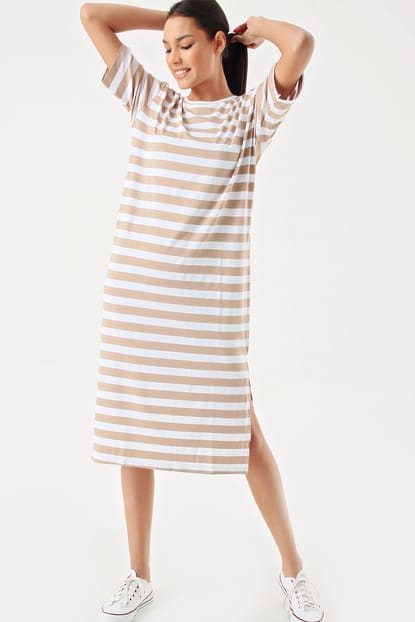 Ecru Striped Dress Slit