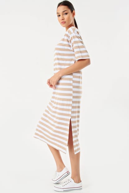Ecru Striped Dress Slit