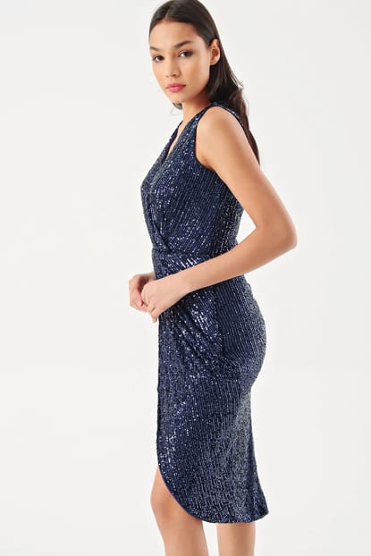 Navy Blue Collar Double-breasted Short Stamp Sequin Evening Dress