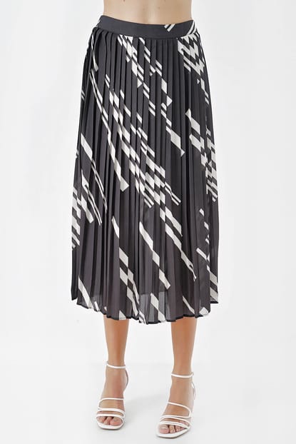 Textured Satin Black and White Length Midi Skirt