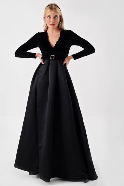 Slit on Black Velvet Skirt Satin Evening Dress Design