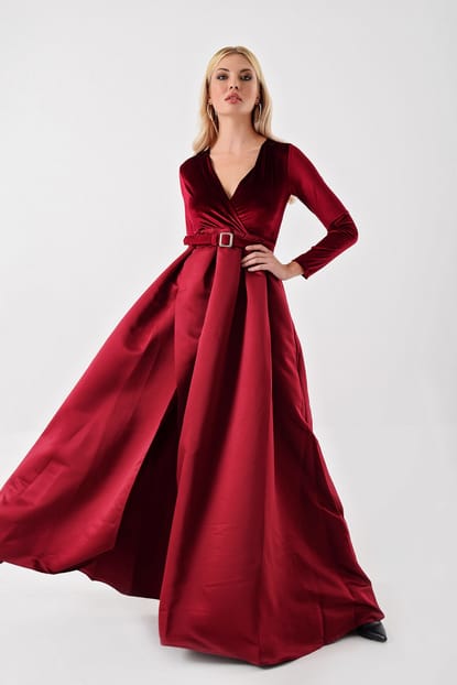 Over Bordeaux Velvet Skirt Satin Evening Dress Slit Design