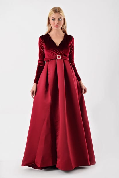Over Bordeaux Velvet Skirt Satin Evening Dress Slit Design