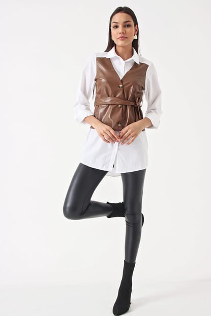 White Leather Detail Belted Shirt