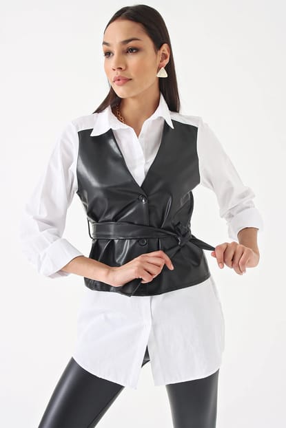 WHITE Belted Leather Detail Shirt
