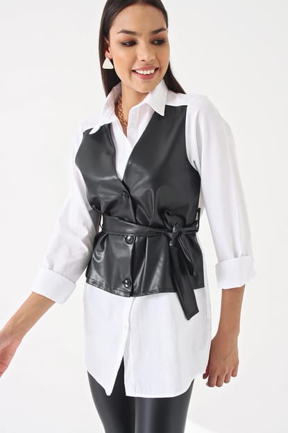 WHITE Belted Leather Detail Shirt