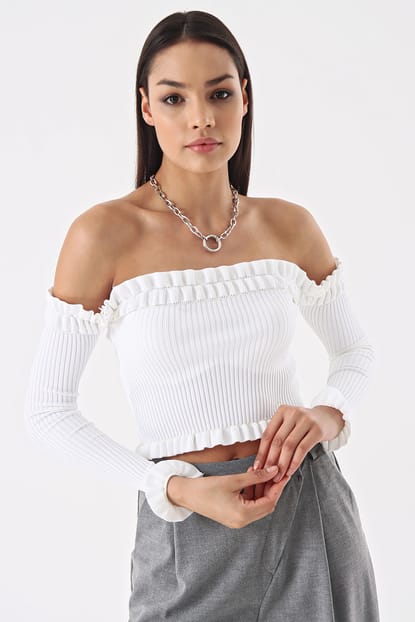 Frilly White Shoulder Blouse Sweater