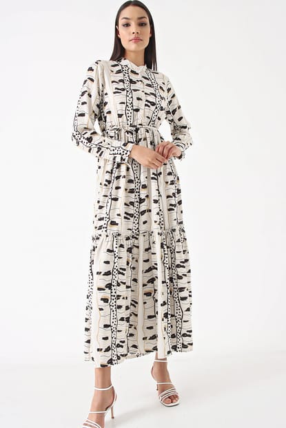 Cream Patterned Midi Length Dress