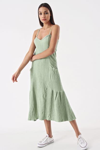 Rope Green Hanging Pockets Linen Dress