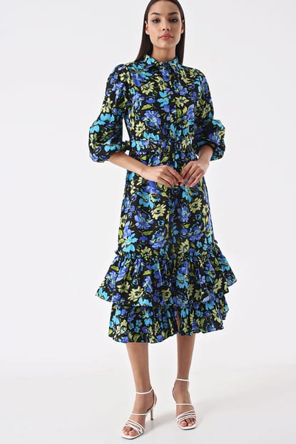 Arched Blue Floral Patterned Dress
