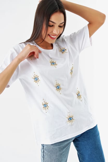 White Embroidery Detail Design T-Shirts