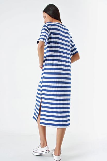 Blue Striped Dress Slit