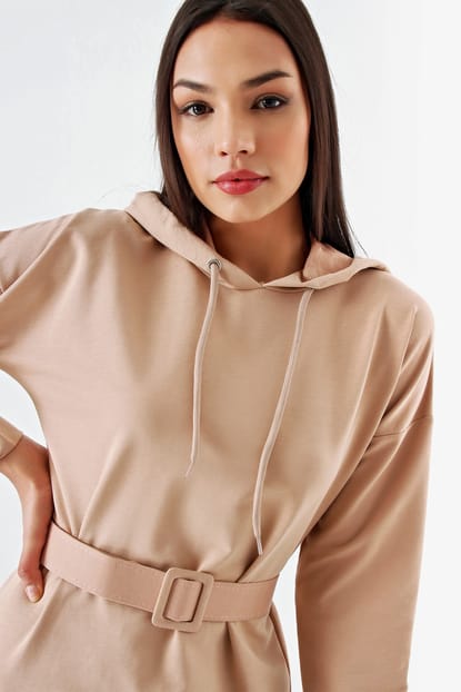 Detailed Hooded Sweater Dress Beige Belt