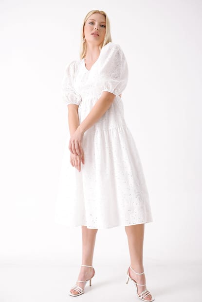 White Bubble Sleeve Dress