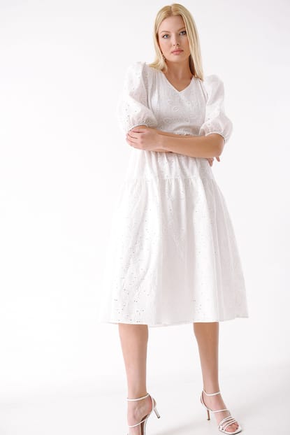 White Bubble Sleeve Dress