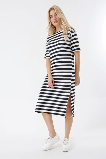 Black Stripe Slit Dress