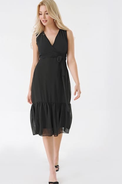 Black Collar double-breasted skirt ruffles Chiffon Dress