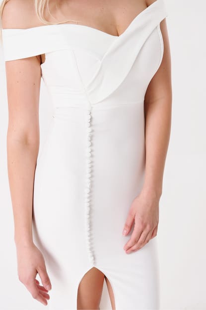 White Collar Double-breasted Button Detail Evening Dress