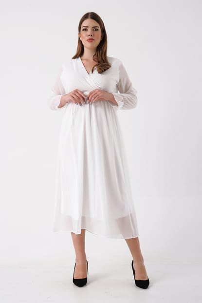 Beyaz Büyük Beden Şifon Elbise