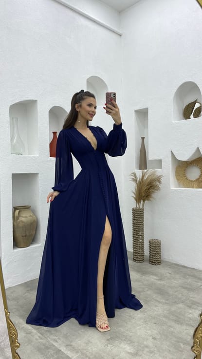 Lacivert Düğme Detay Göğsü Dantelli Şifon Abiye Elbise