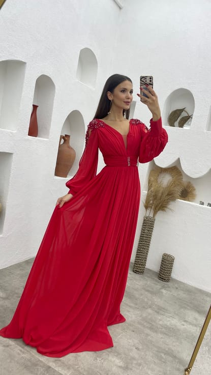 Kırmızı Kolları İnci Detay Şifon Abiye Elbise