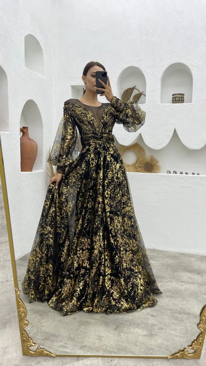 Siyah Gold Detay Tül Abiye Elbise